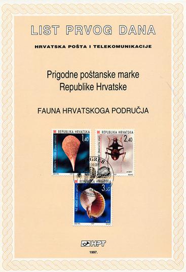 Prigodne poštanske marke izdane 1997. g. Odabir teme (Plemenita periska, Puž bačvaš) i autorica popratnog stručnog teksta diplomirana inženjerka biologije Mirjana Legac